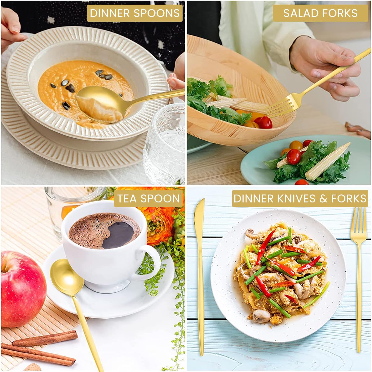 HASTHIP 16 Pcs Stainless Steel Flatware Set, Knives, Dinning Spoon and Fork, Food Grade Dinnerware Set For Home, Kitchen, Restaurant, Mirror Polished, Exquisite Long Handle Cutlery (Gold) HASTHIP 16 Pcs Stainless Steel Flatware Set, Knives, Dinning Spoon and Fork, Food Grade Dinnerware Set For Home, Kitchen, Restaurant, Mirror Polished, Exquisite Long Handle Cutlery (Gold)